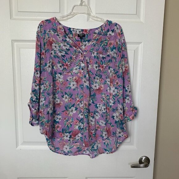 Torrid Harper Pullover Blouse Challis Floral Purple 3/4 Roll Tab Sleeve Size 1X - Picture 7 of 14